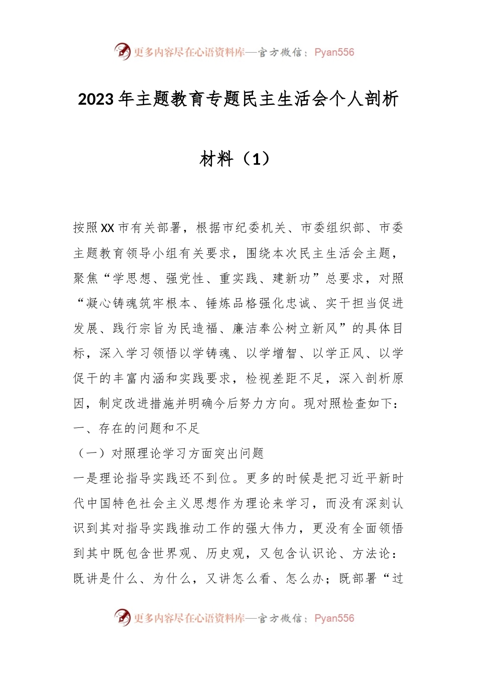 2023年主题教育专题民主生活会个人剖析材料（1）.docx_第1页