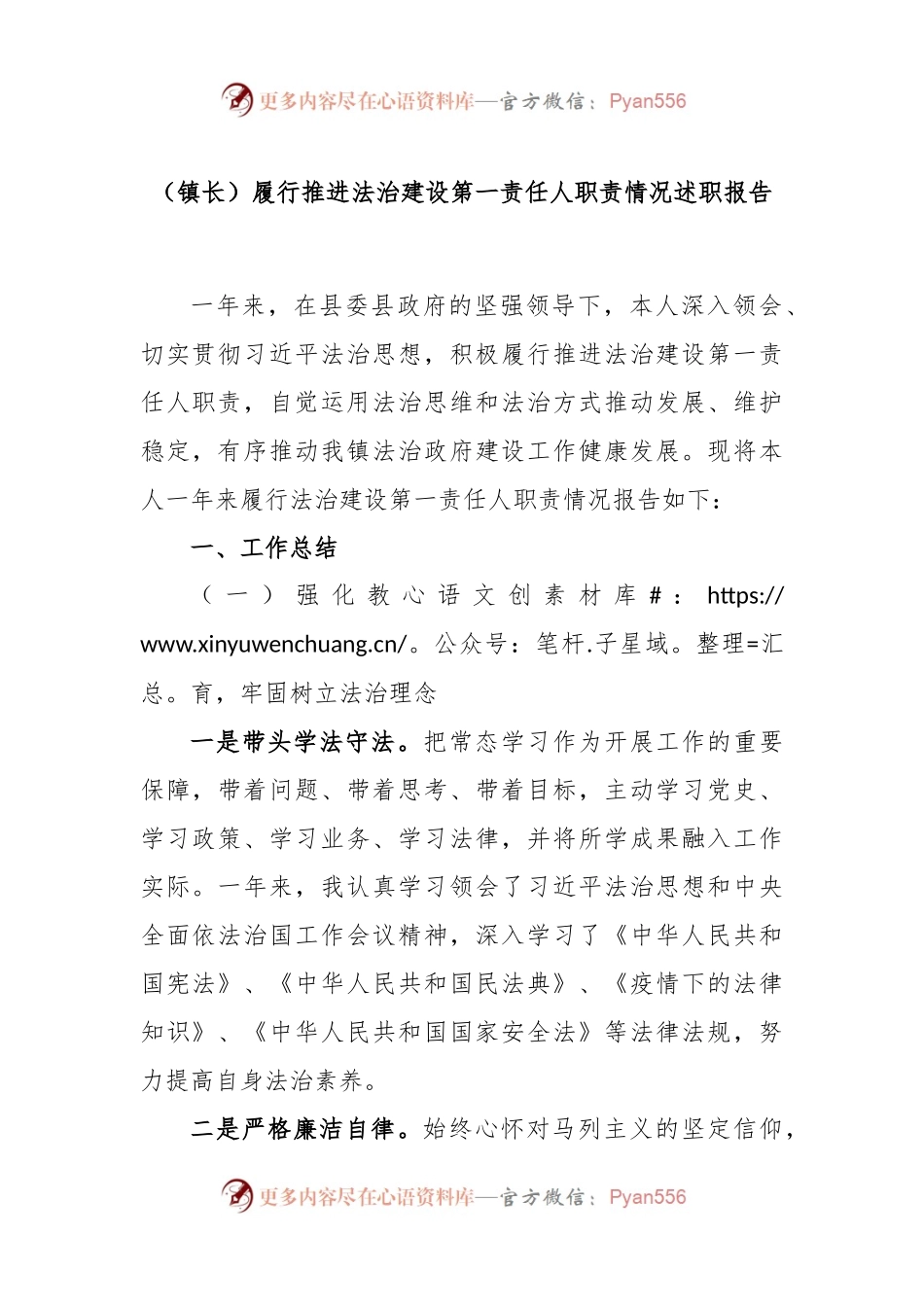 (镇长)履行推进法治建设第一责任人职责情况述职报告.docx_第1页