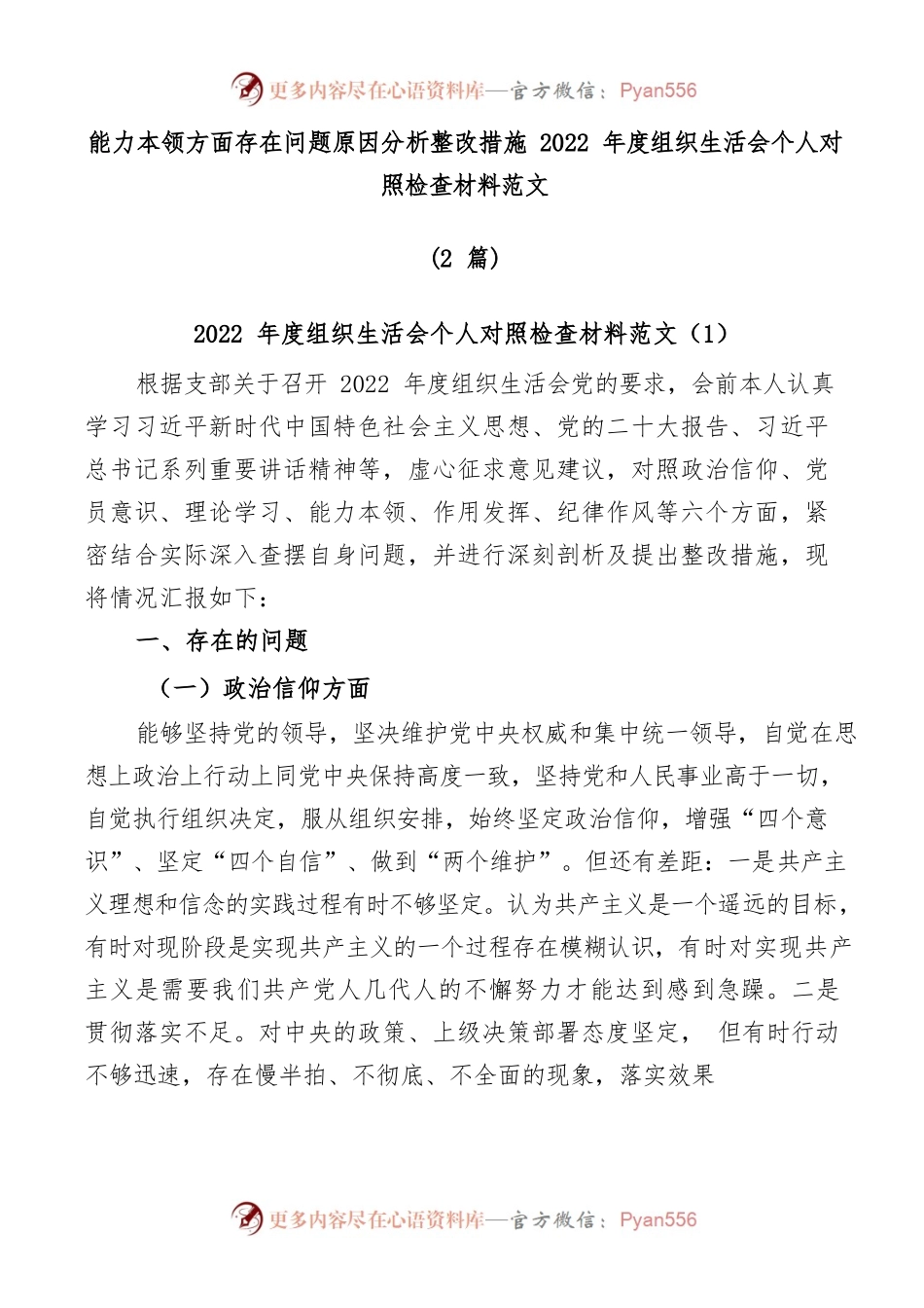 (2篇)能力本领方面存在问题原因分析整改措施2022年度组织生活会个人对照检查材料范文.docx_第1页