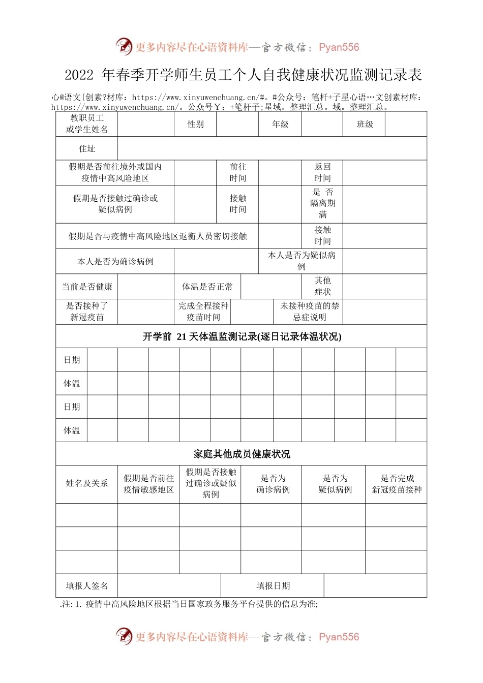 2022年春季开学师生员工个人自我健康状况监测记录表.docx_第1页
