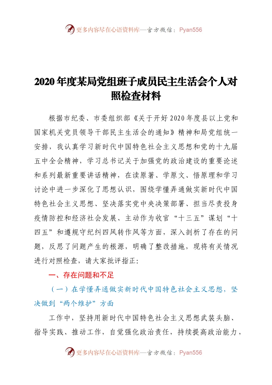 2020年度某局党组班子成员民主生活会个人对照检查材料.docx_第1页