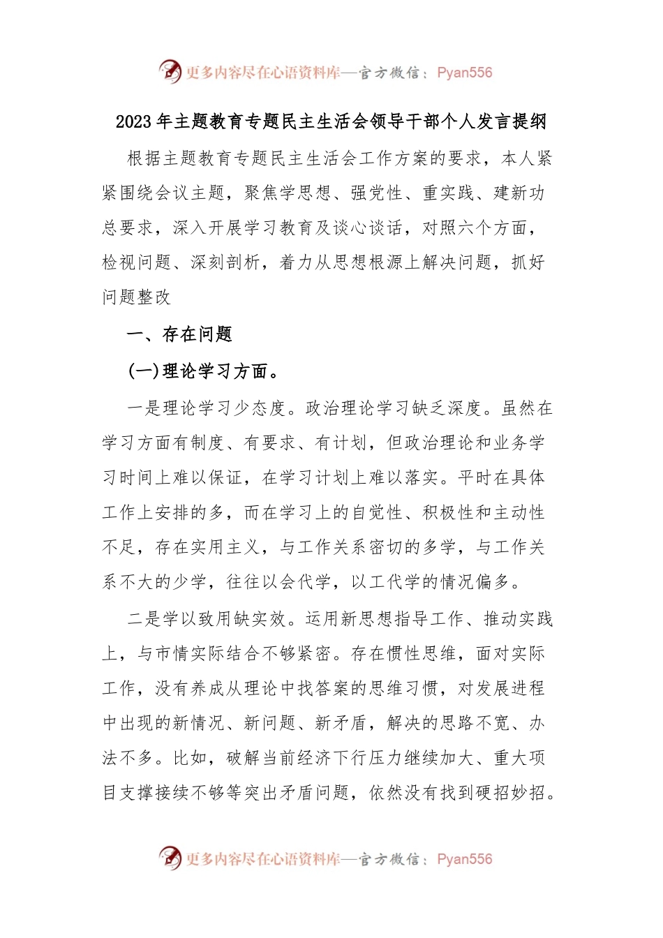 2023年主题教育专题民主生活会领导干部个人发言提纲.docx_第1页