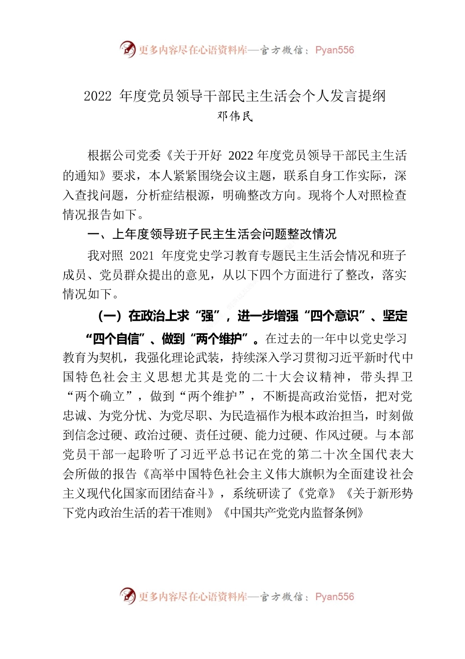 2022年度党员领导干部民主生活会个人发言提纲.docx_第1页