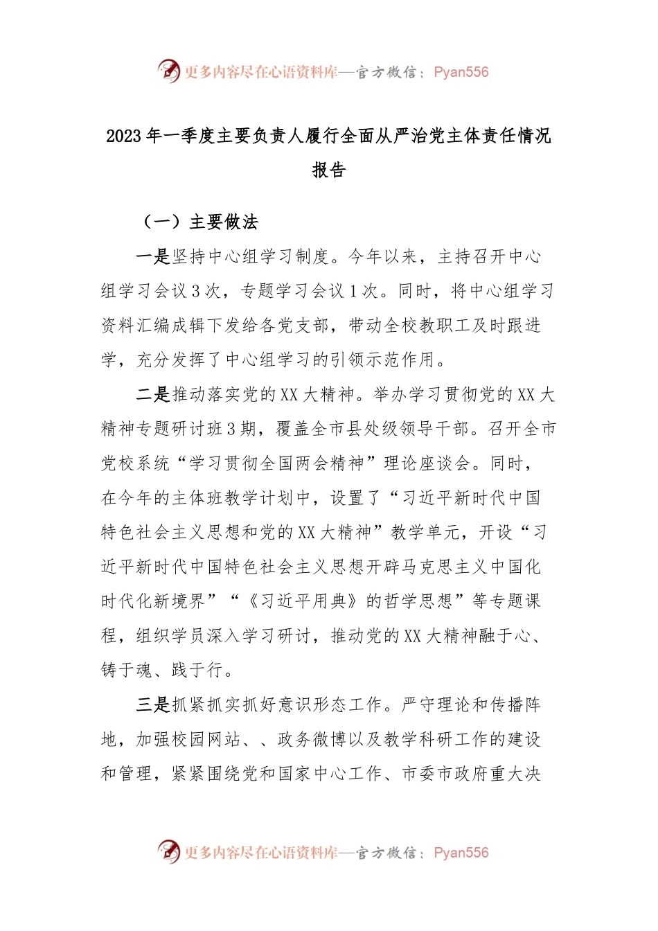 2023年一季度主要负责人履行全面从严治党主体责任情况报告.docx_第1页