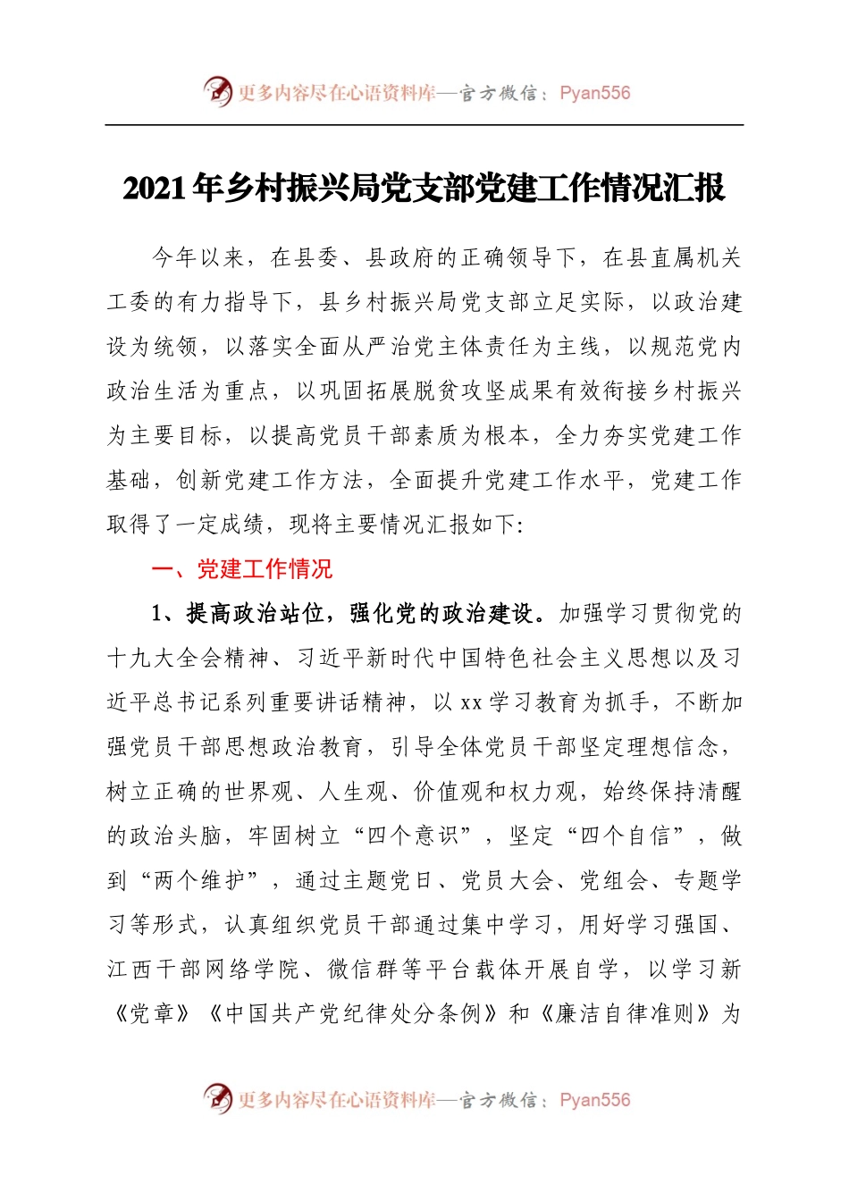 2021年乡村振兴局党支部党建工作情况汇报　.docx_第1页