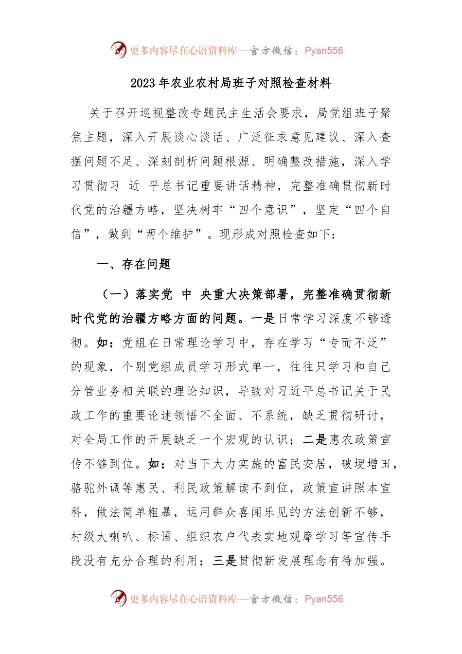2023年农业农村局班子对照检查材料.docx_第1页