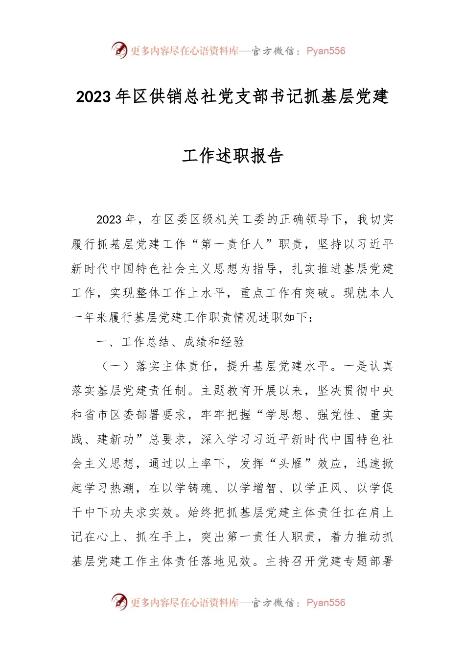 2023年区供销总社党支部书记抓基层党建工作述职报告.docx_第1页