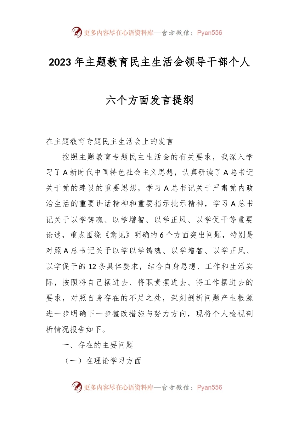 2023 年主题教育民主生活会领导干部个人六个方面发言提纲.docx_第1页