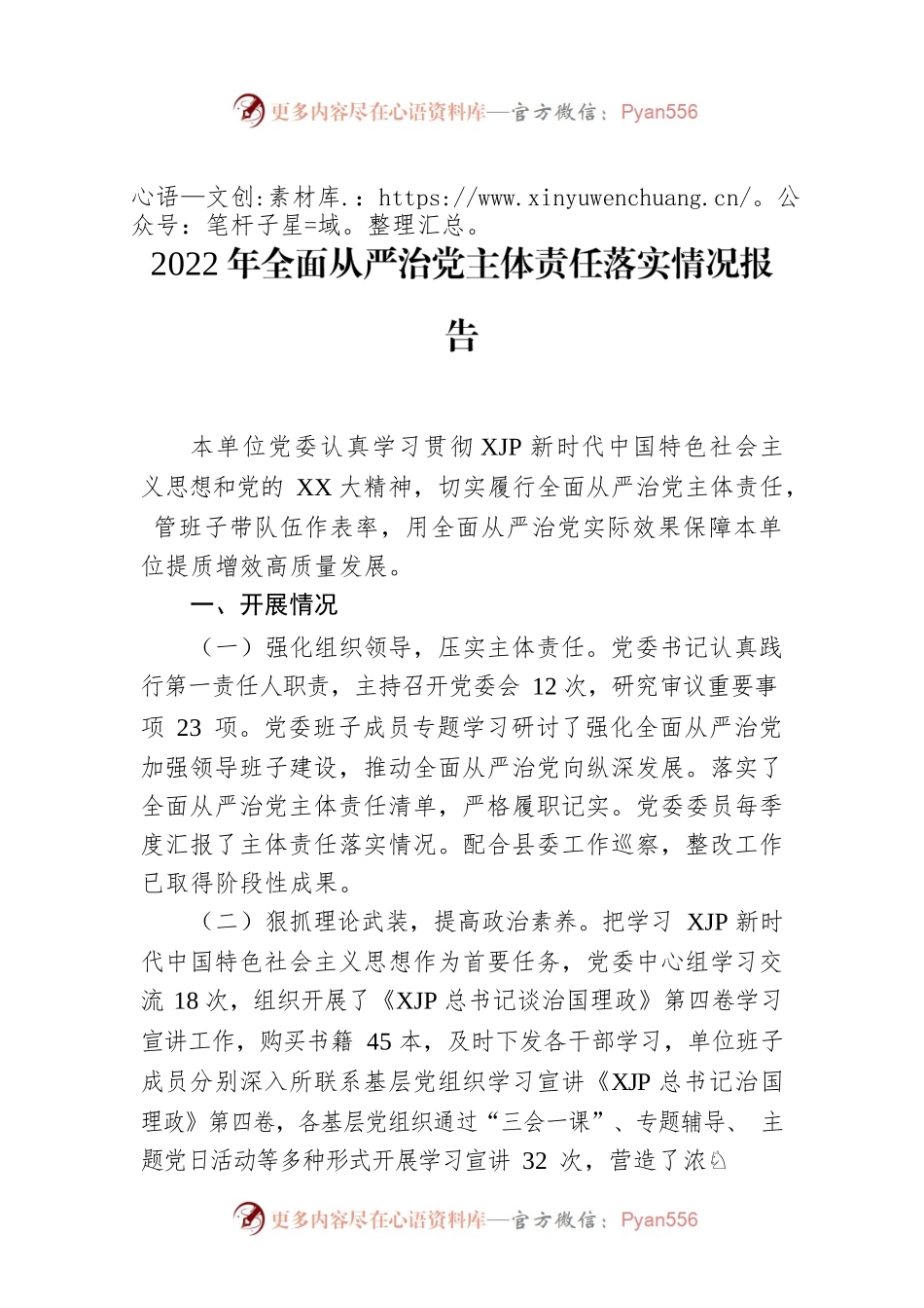 2022年全面从严治党主体责任落实情况报告.docx_第1页