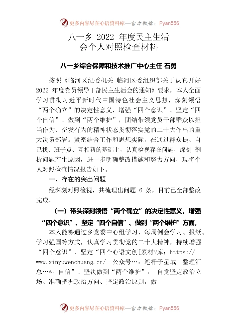 2023年个人对照检查材料（乡综合保障和技术推广中心主任）.docx_第1页