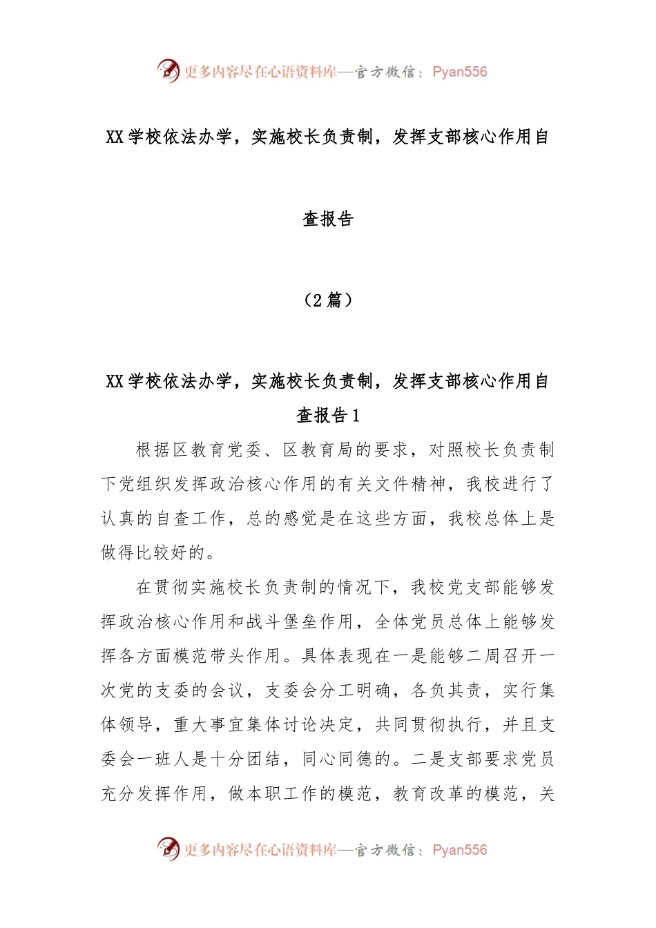 (2篇)XX学校依法办学，实施校长负责制，发挥支部核心作用自查报告.docx_第1页