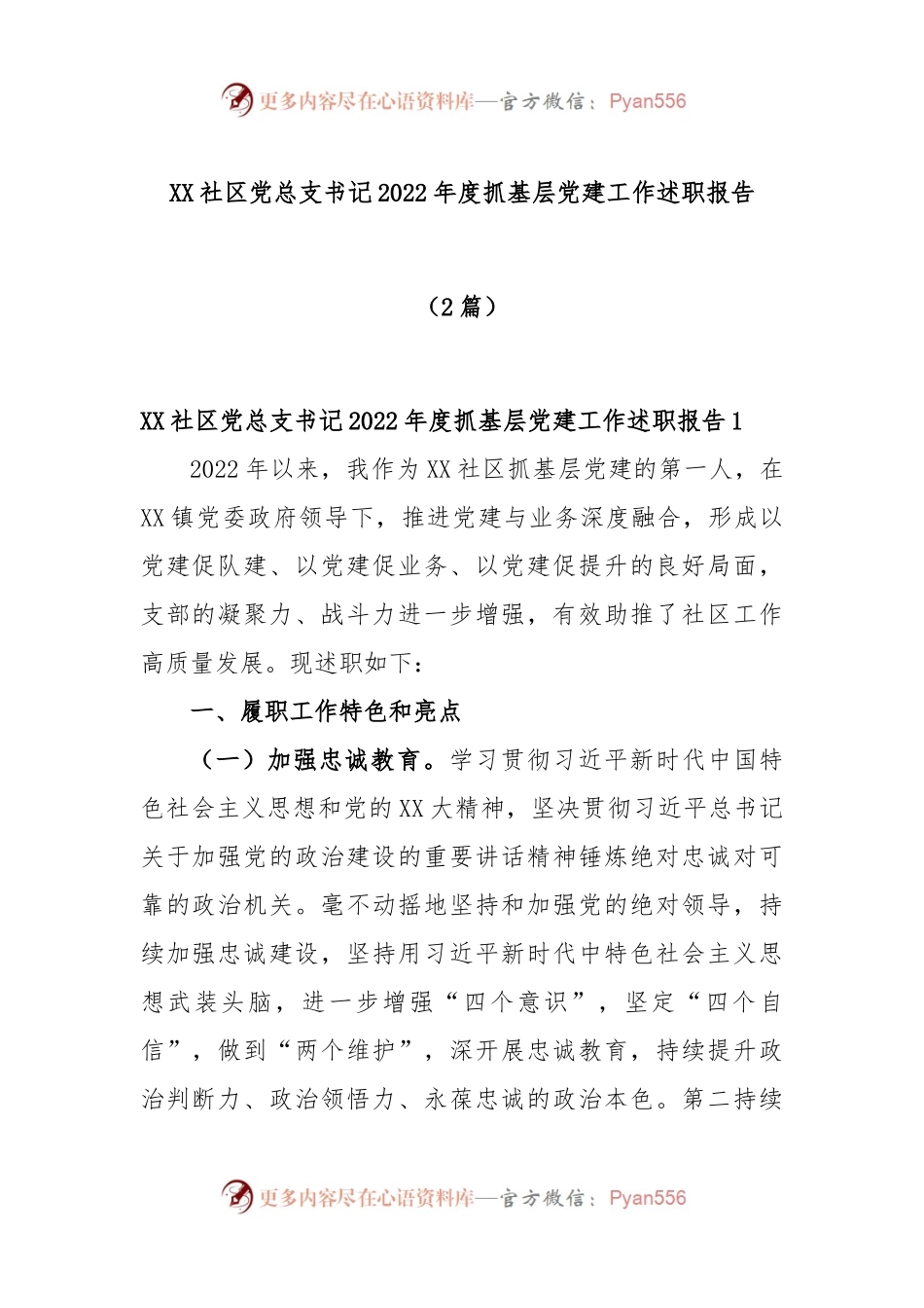 (2篇)XX社区党总支书记2022年度抓基层党建工作述职报告.docx_第1页