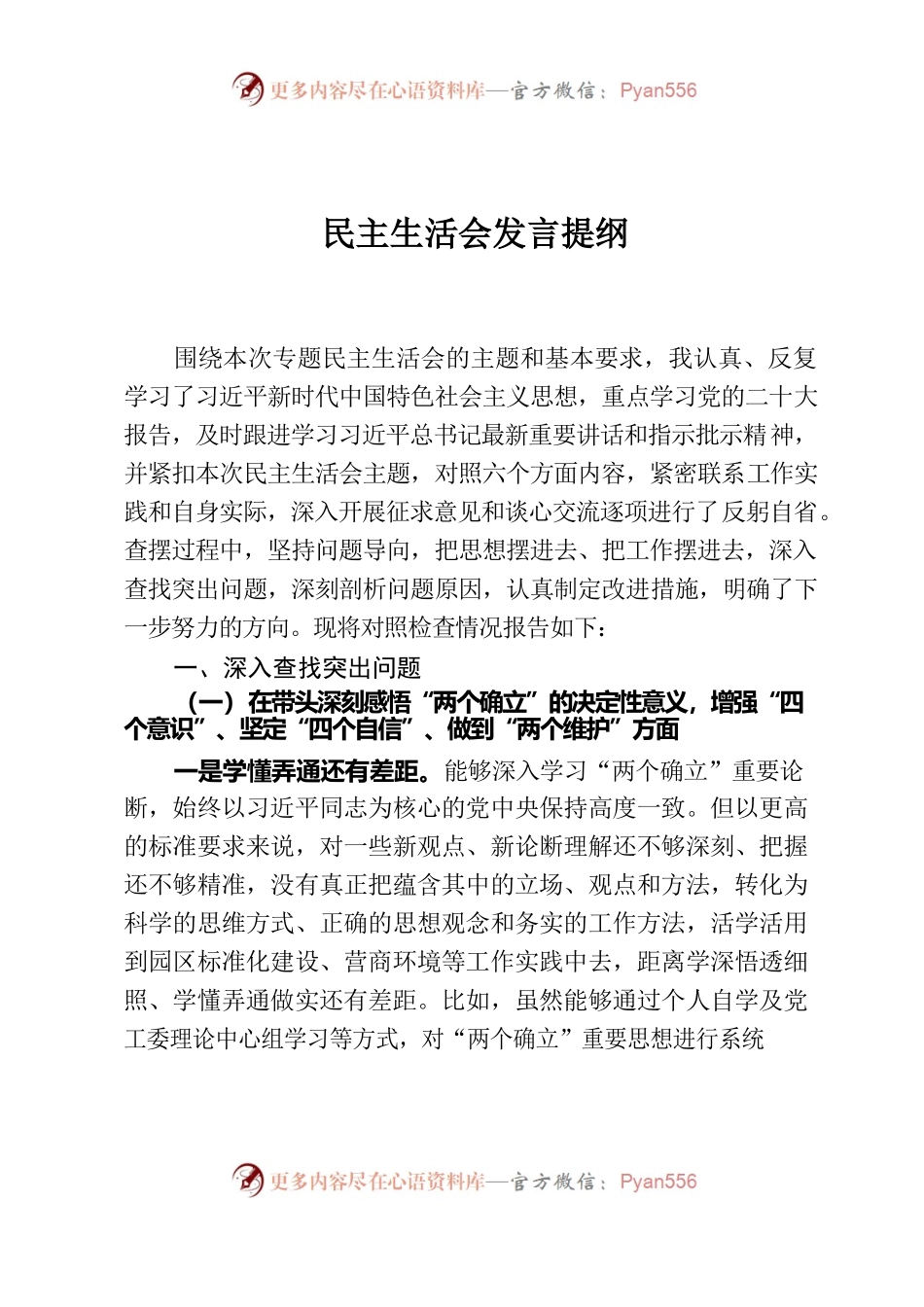 2022年民主生活会发言提纲.docx_第1页