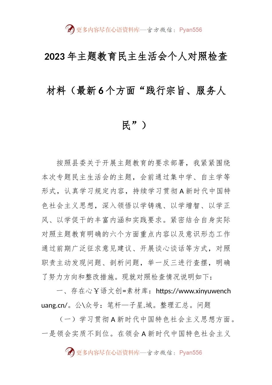 2023年主题教育民主生活会个人对照检查材料（最新6个方面“践行宗旨、服务人民”）.docx_第1页