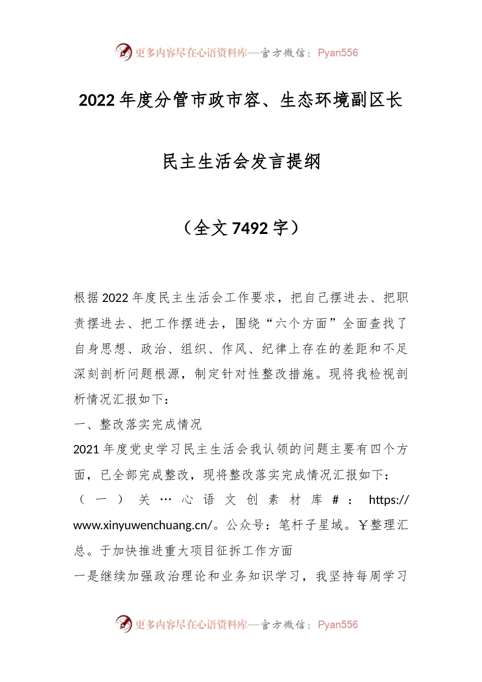 2022年度分管市政市容、生态环境副区长民主生活会发言提纲.docx_第1页