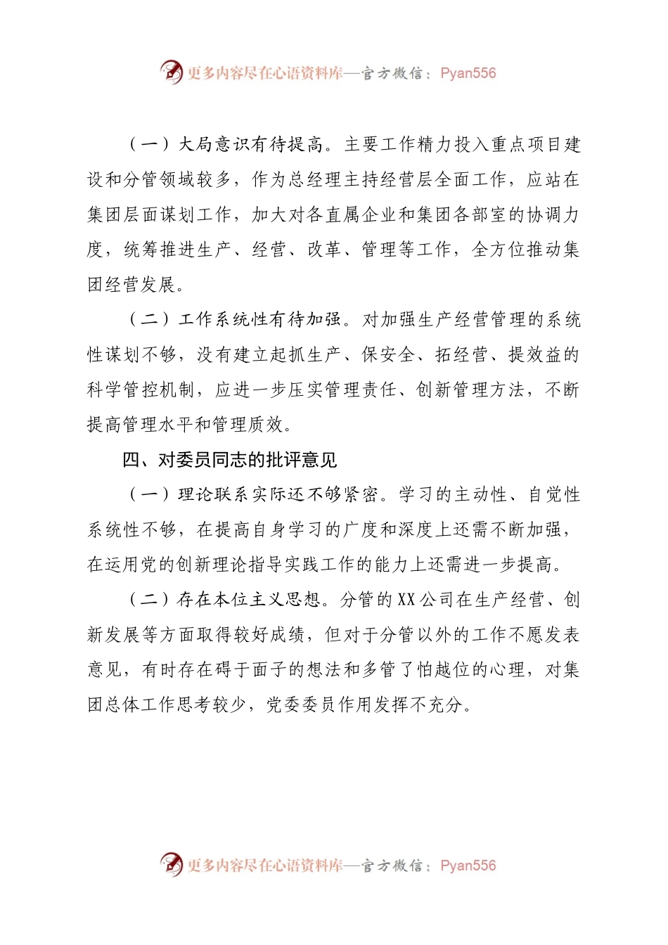 2022年党员干部民主生活会国有企业党委书记对其他班子成员的批评意见.docx_第2页