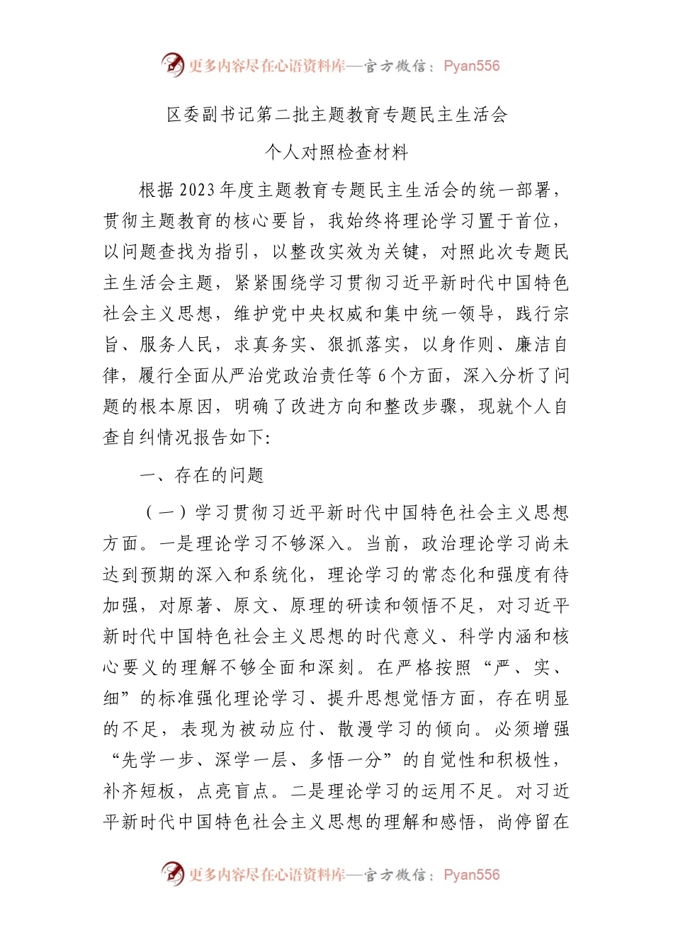 2023年主题教育专题民主生活会个人对照检查  区委副书记（践行宗旨等6个方面+案例剖析+上年度整改+个人事项）.docx_第1页