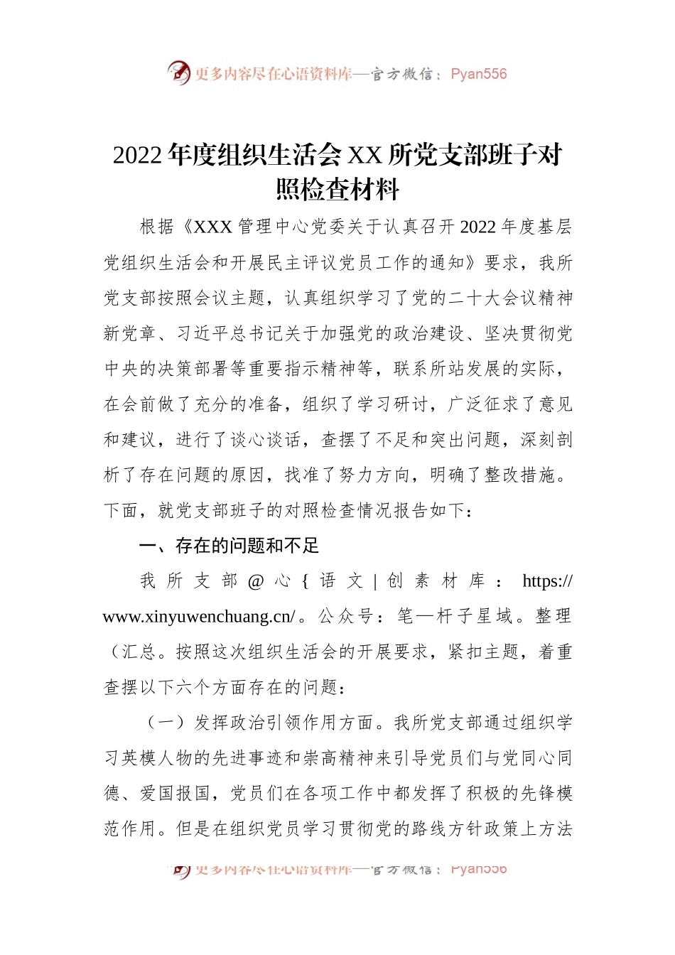 2022年度组织生活会XX所党支部班子对照检查材料.docx_第1页