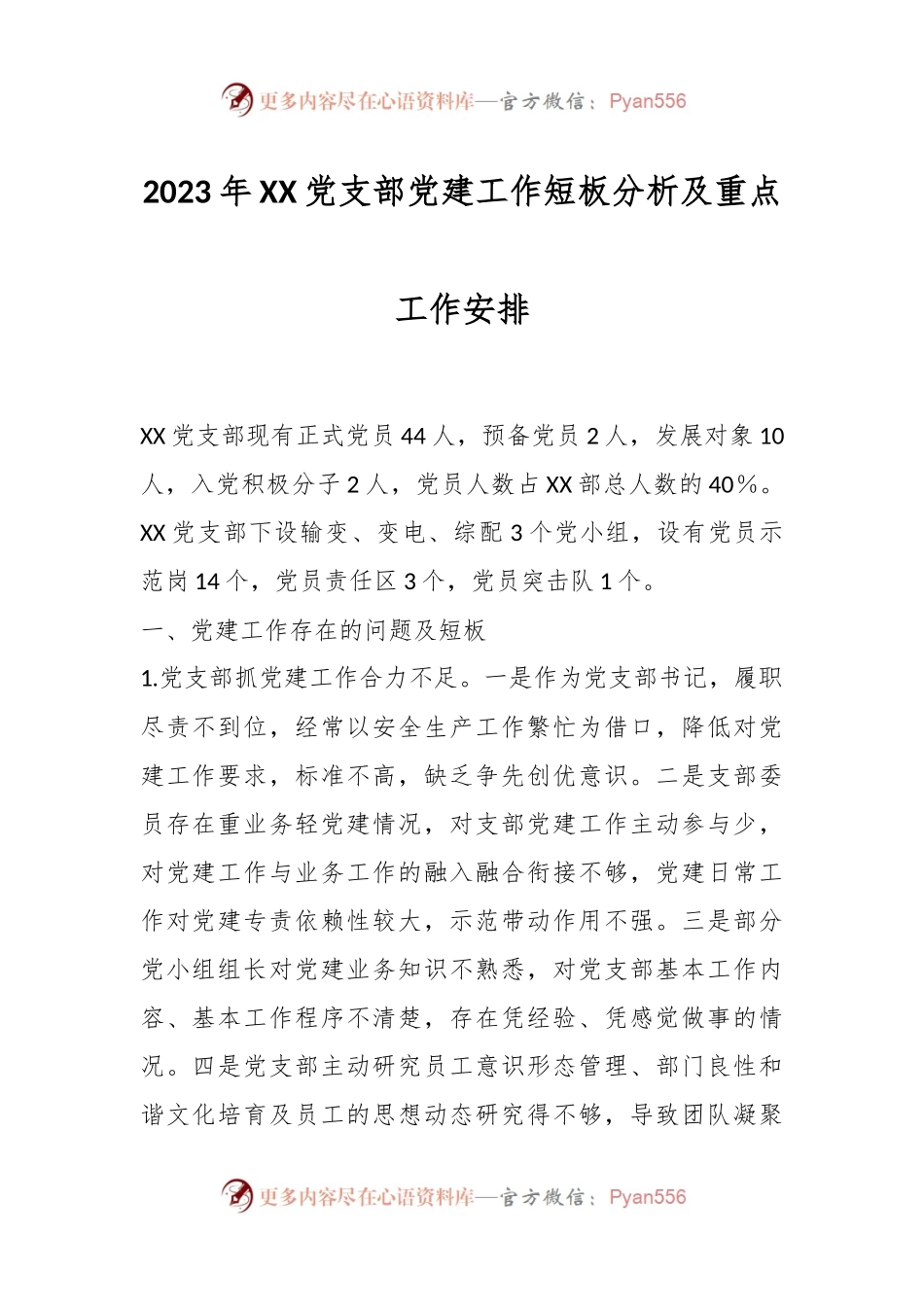 2023年XX党支部党建工作短板分析及重点工作安排.docx_第1页