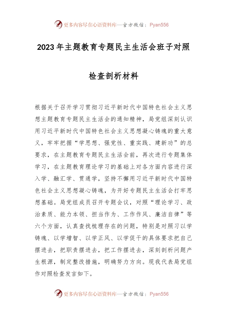 2023年主题教育专题民主生活会班子对照检查剖析材料.docx_第1页