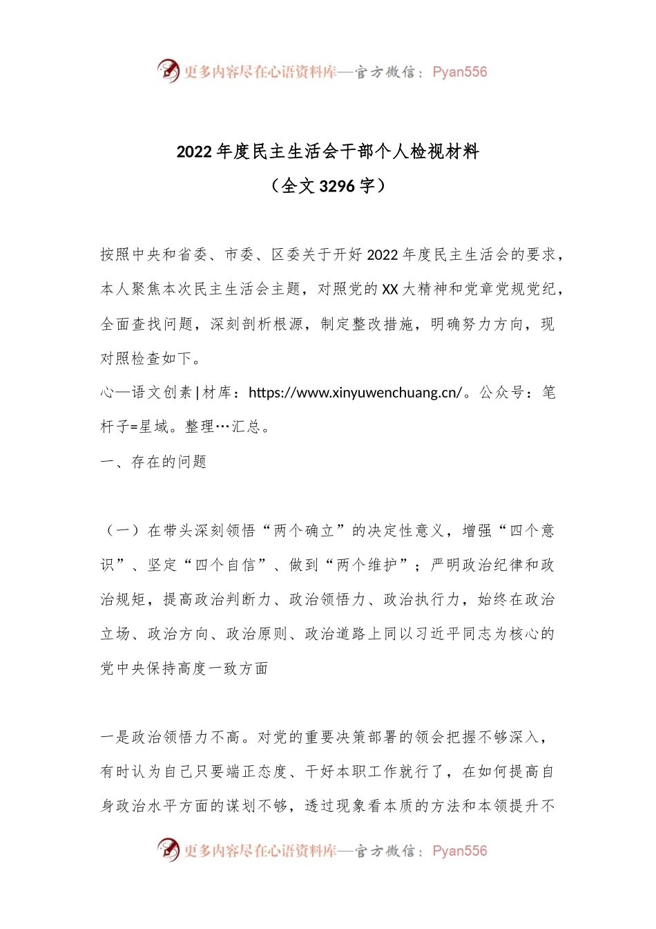2022年度民主生活会干部个人检视材料.docx_第1页