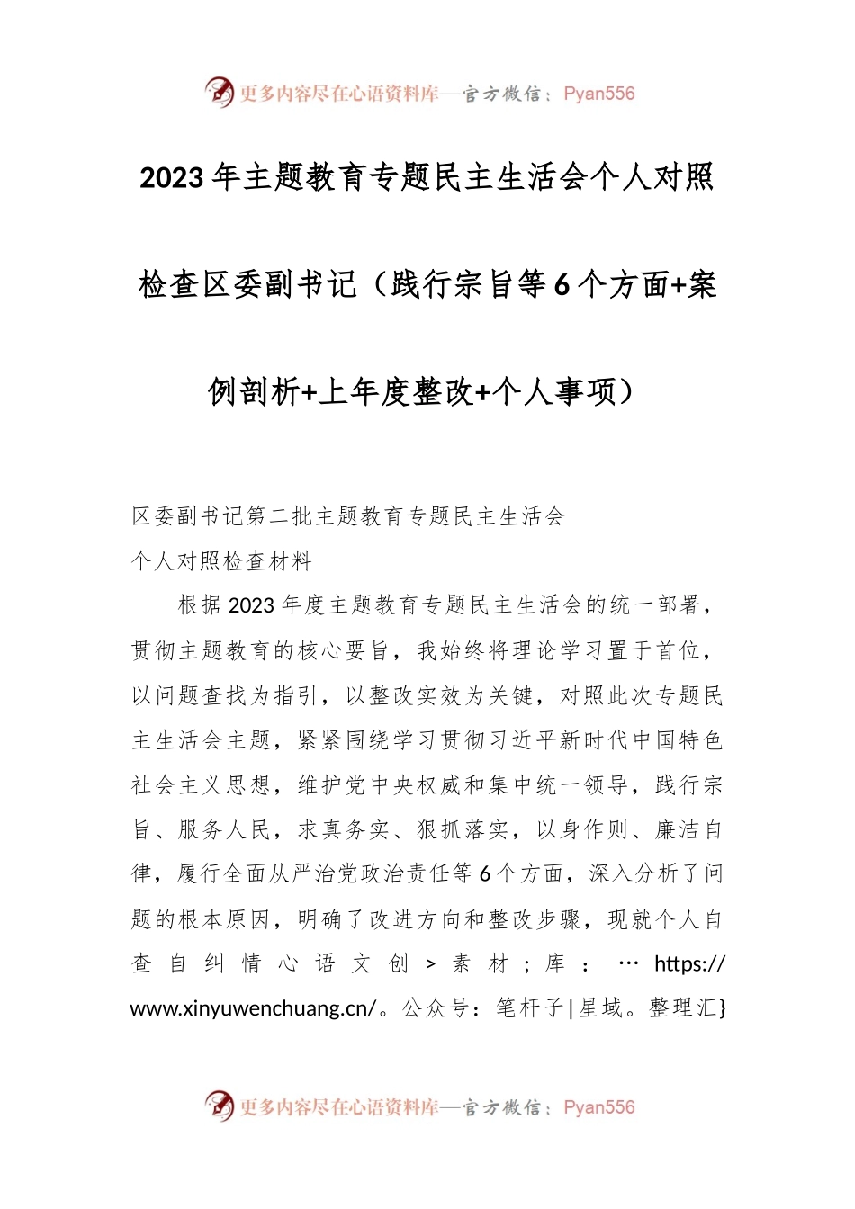 2023年主题教育专题民主生活会个人对照检查 区委副书记（践行宗旨等6个方面+案例剖析+上年度整改+个人事项）.docx_第1页