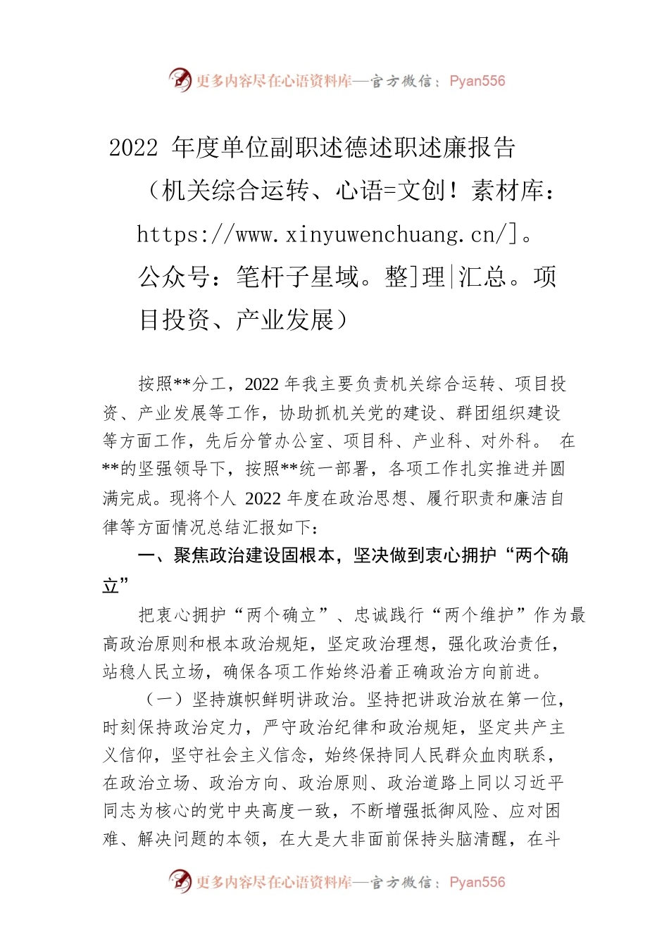 2022年度单位副职述德述职述廉报告（机关综合运转、项目投资、产业发展）.docx_第1页