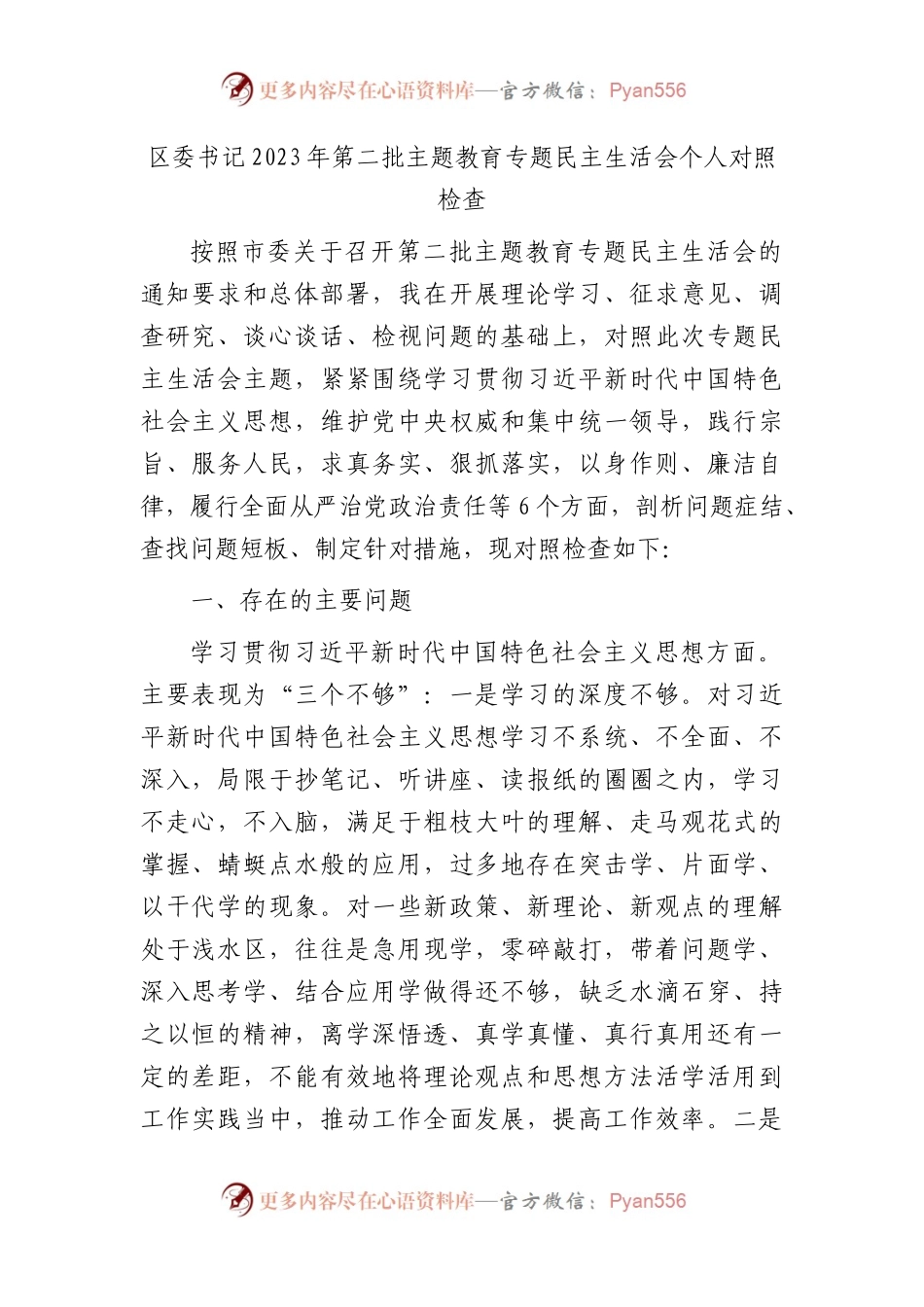 2023年主题教育专题民主生活会个人对照检查  区委书记（践行宗旨等6个方面+案例剖析+上年度整改+个人事项）.docx_第1页