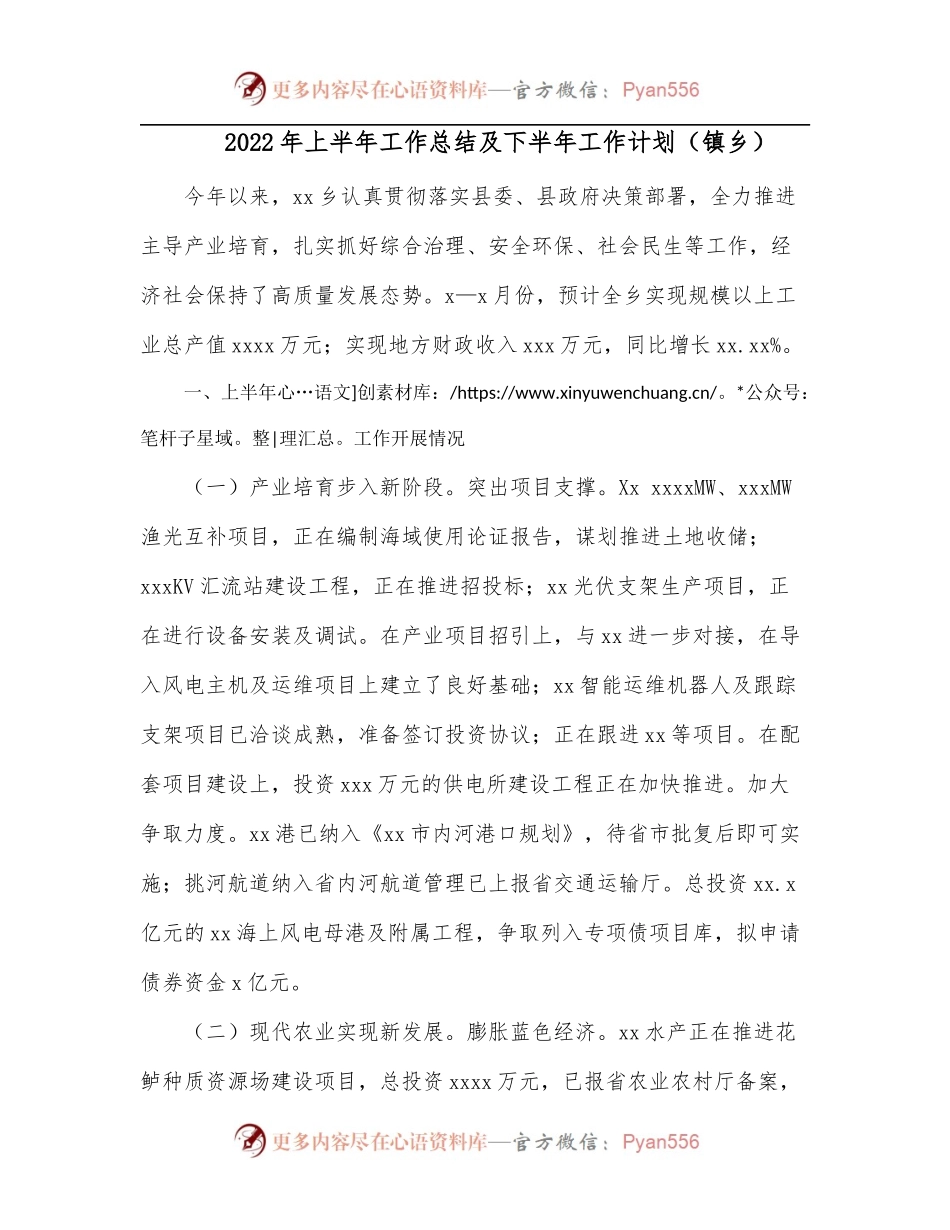 2022年上半年工作总结及下半年工作计划[镇乡].docx_第1页