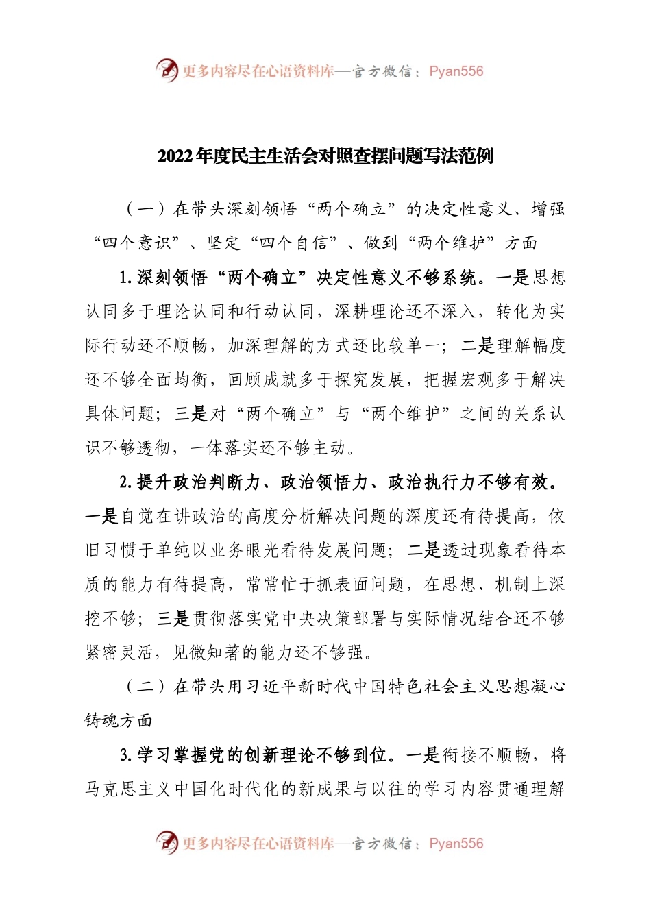 2022年度民主生活会对照查摆问题写法范例.docx_第1页