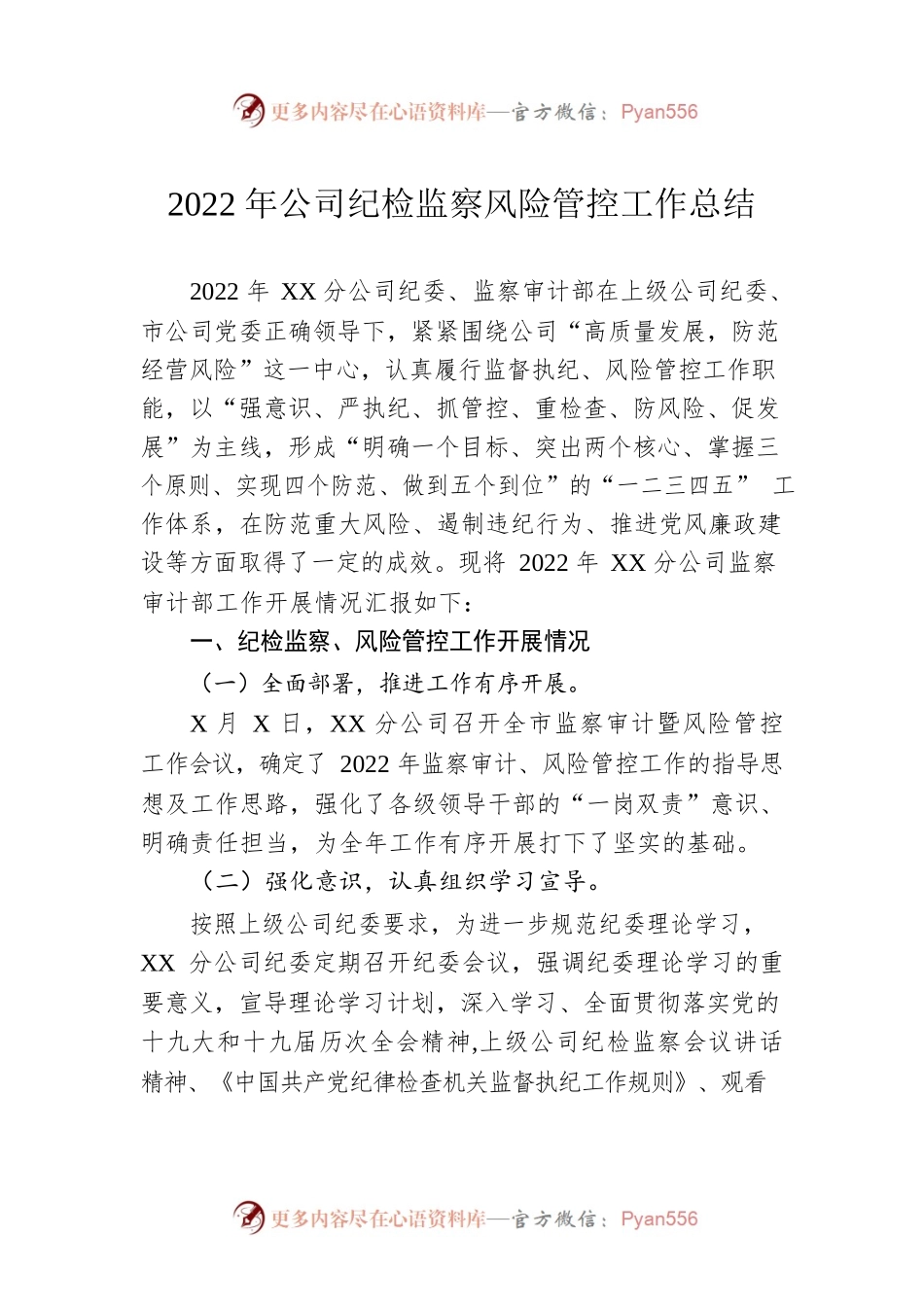 2022年公司纪检监察风险管控工作总结.docx_第1页