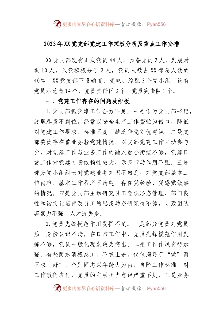 2023年党支部党建工作短板分析及重点工作安排.docx_第1页
