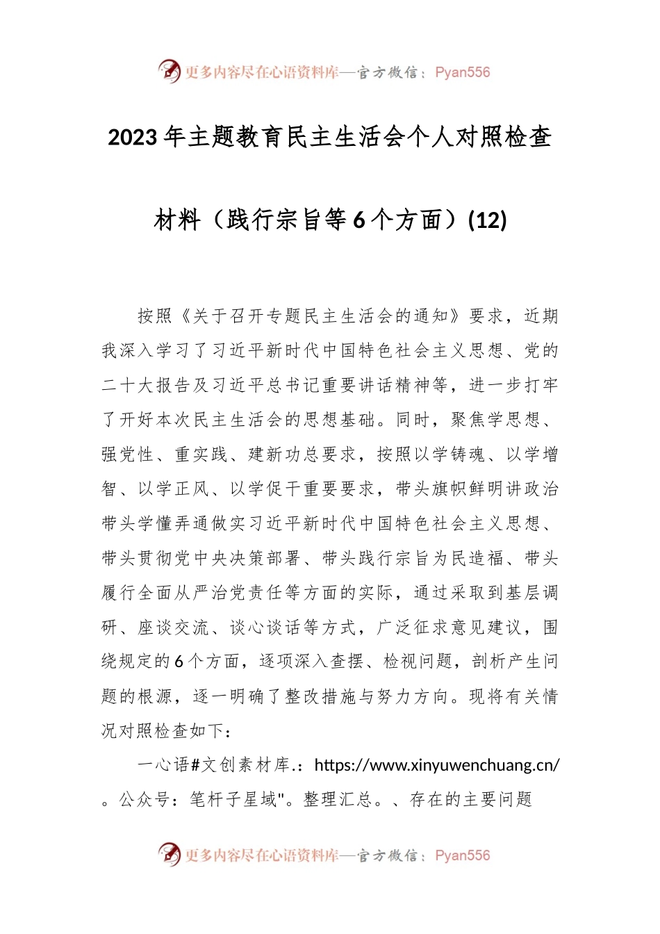 2023年主题教育民主生活会个人对照检查材料（践行宗旨等6个方面） (12).docx_第1页