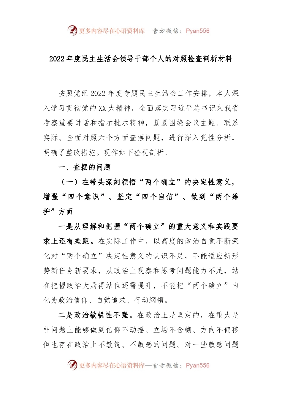 2022年度民主生活会领导干部个人的对照检查剖析材料.docx_第1页