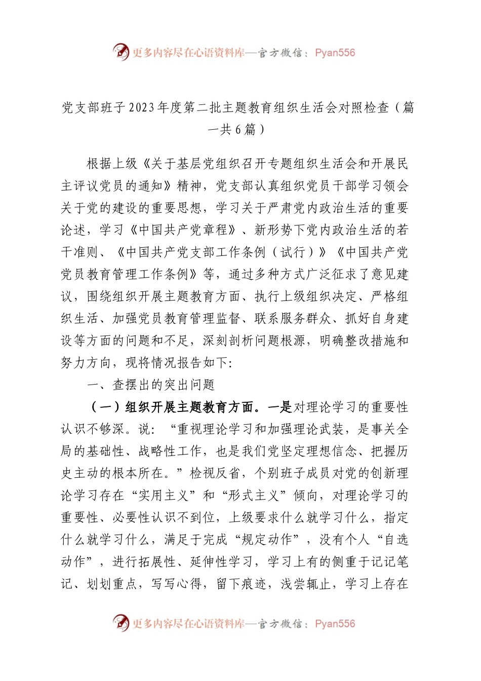 2023年主题教育专题组织生活会对照检查材料（开展主题教育+执行上级组织决定+严格组织生活+加强党员教育管理+联系服务群众+自身建设六个方面问题查摆剖析（6篇）.docx_第1页