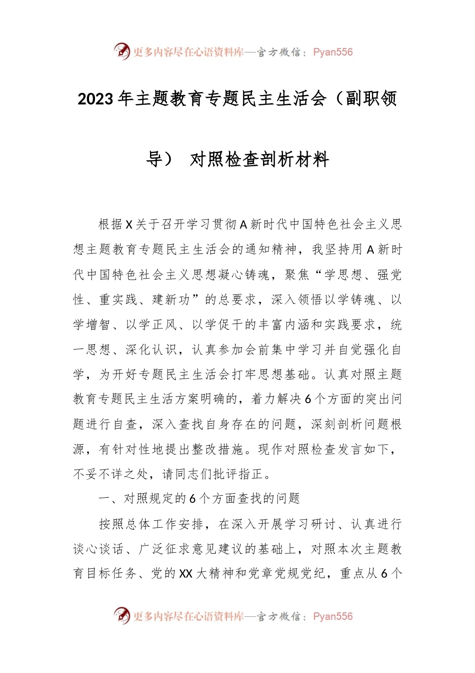 2023年主题教育专题民主生活会（副职领导） 对照检查剖析材料.docx_第1页
