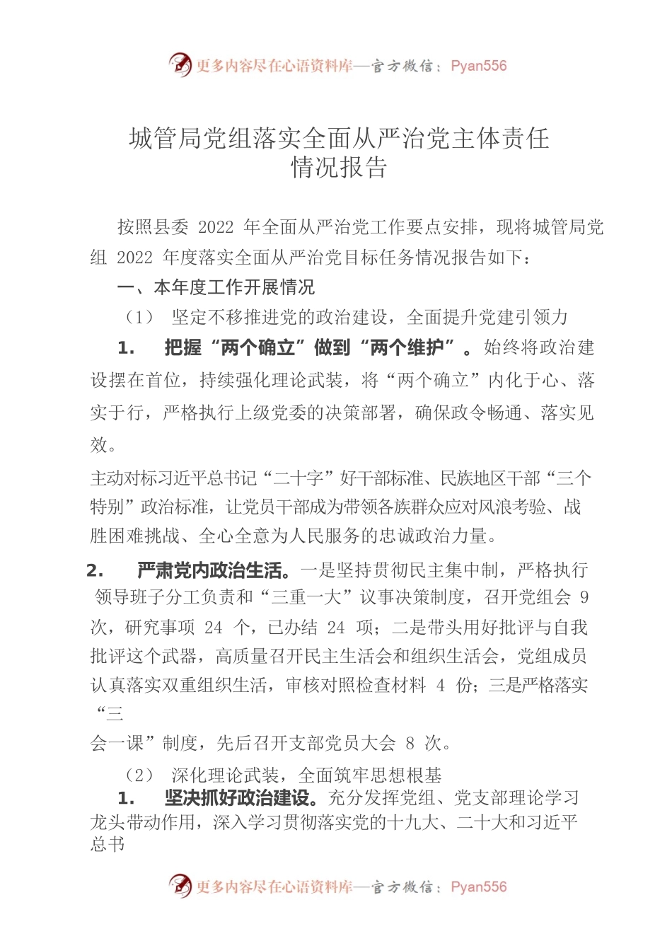 2022年城管局党组落实全面从严治党主体责任情况报告.docx_第1页