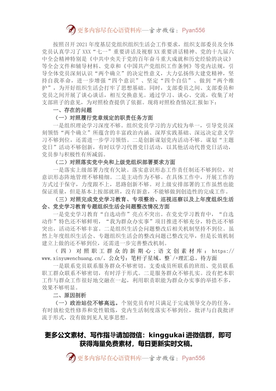 2021年组织生活会支部班子对照检查材料.docx_第1页