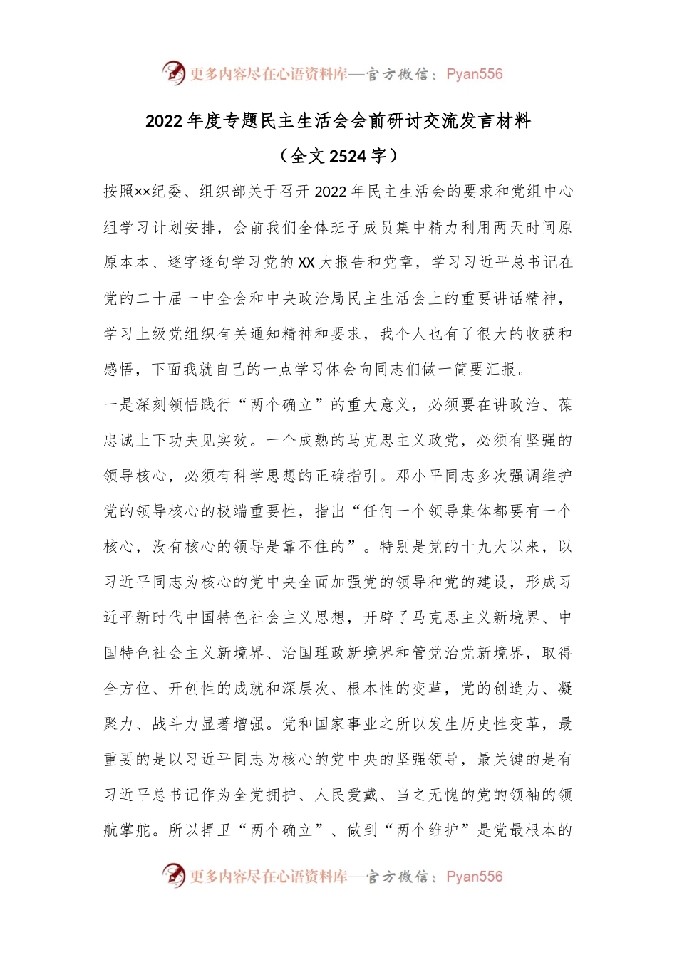 2022年度专题民主生活会会前研讨交流发言材料.docx_第1页