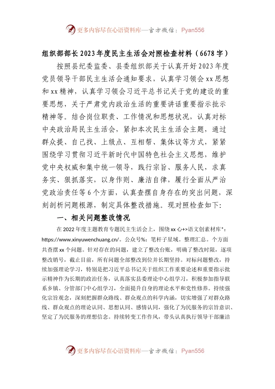 2023年主题教育专题民主生活会个人对照检查  组织部长（践行宗旨等6个方面+案例剖析+上年度整改+个人事项）.docx_第1页