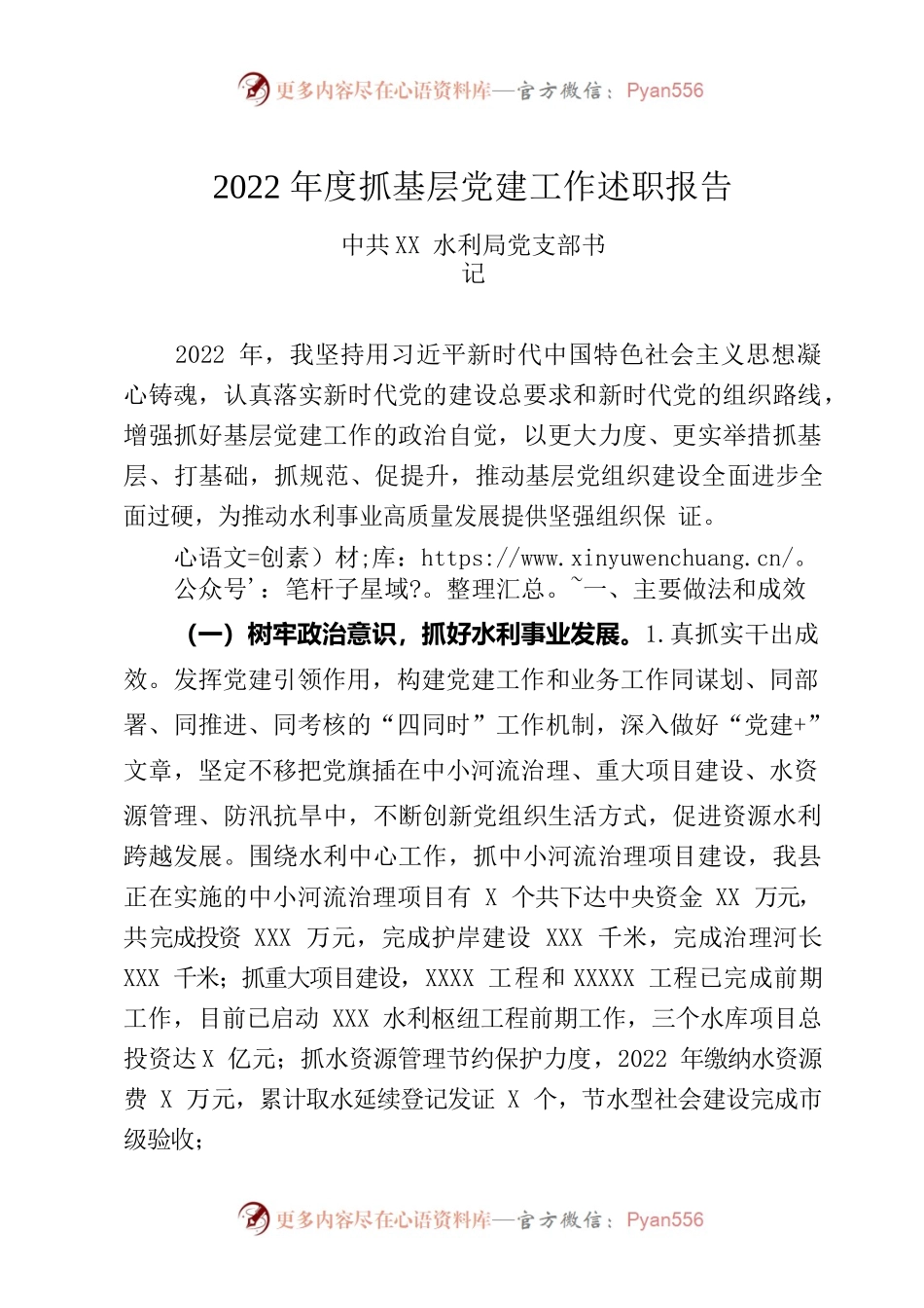 2022年水利局党支部书记抓基层党建工作述职报告.docx_第1页
