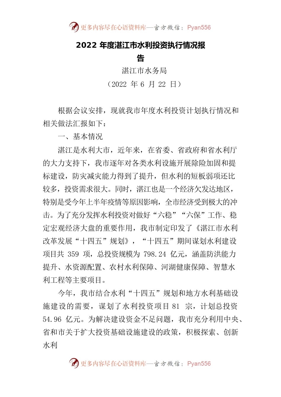 2022年湛江市水利计划执行情况汇报（202206223）.docx_第1页