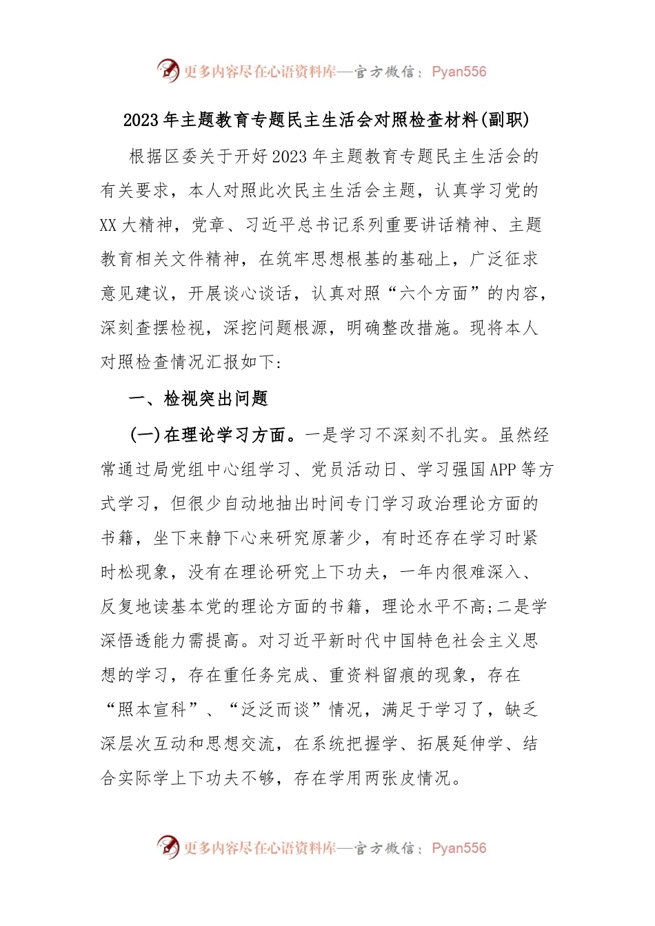 2023年主题教育专题民主生活会对照检查材料(副职).docx_第1页