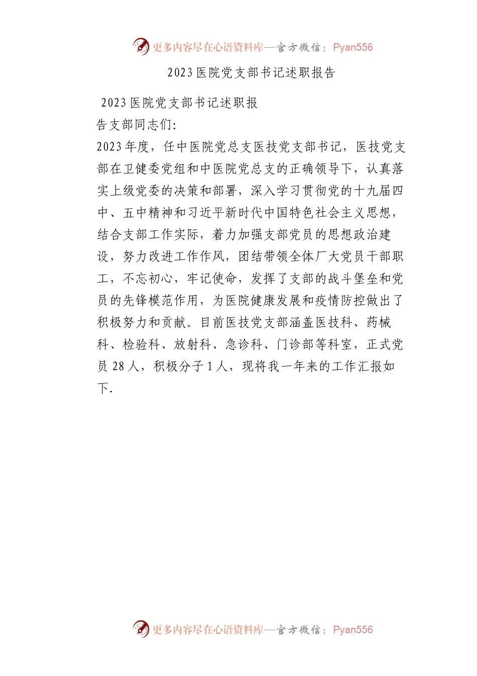 2023医院党支部书记述职报告.docx_第1页