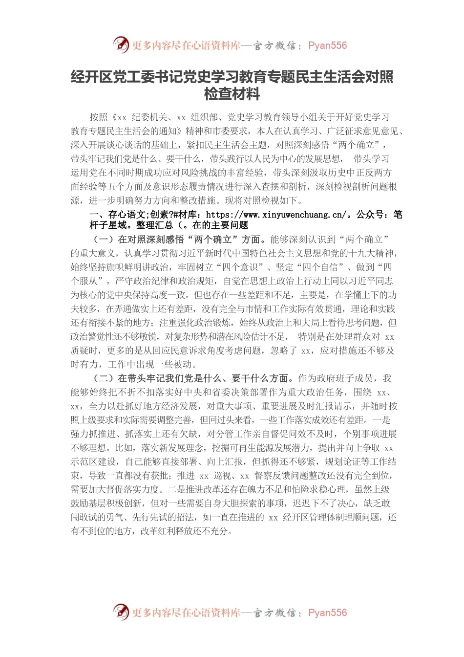 20220102经开区党工委书记党史学习教育专题民主生活会对照检查材料.docx_第1页