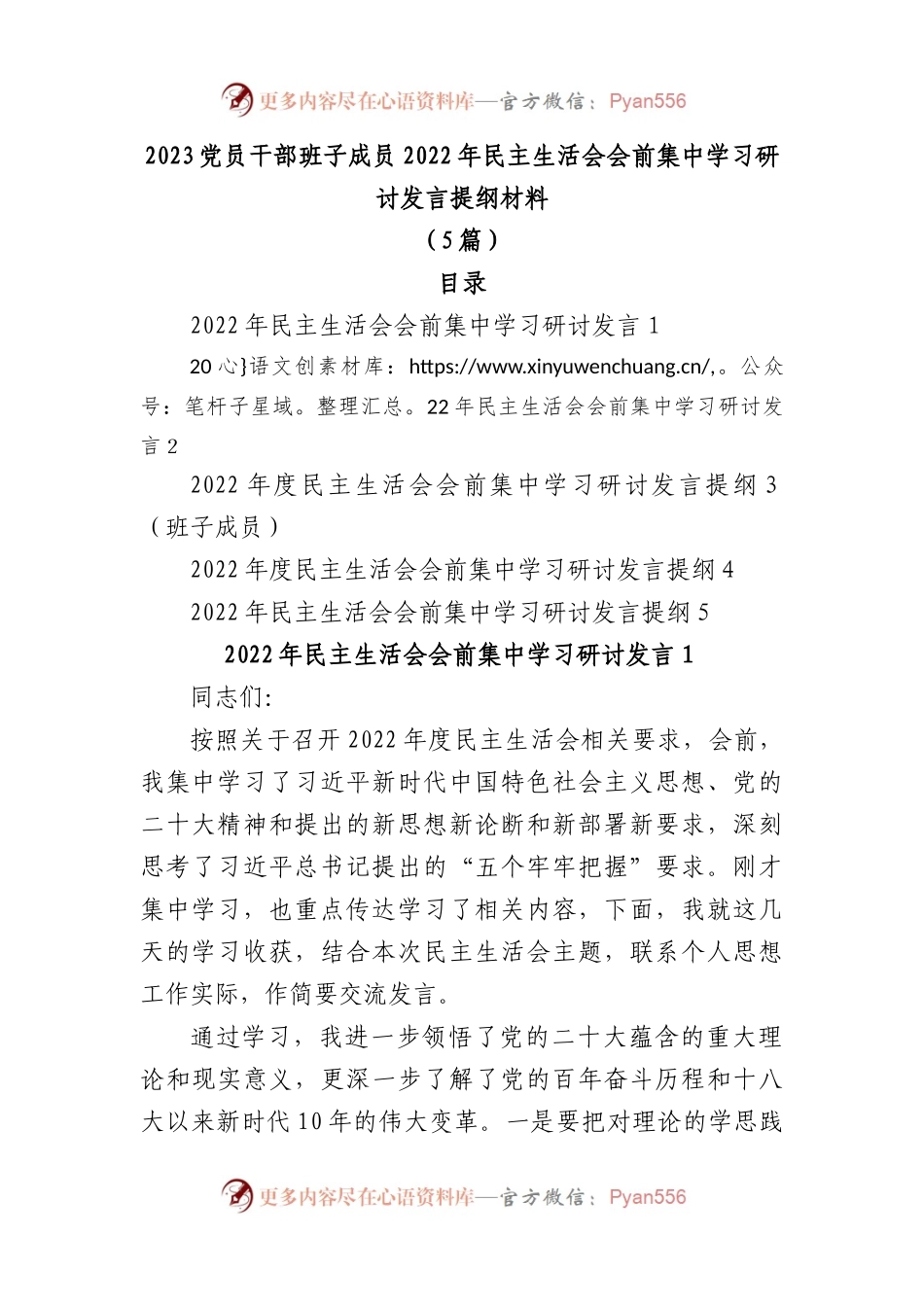 (5篇)2023党员干部班子成员2022年民主生活会会前集中学习研讨发言提纲材料.docx_第1页