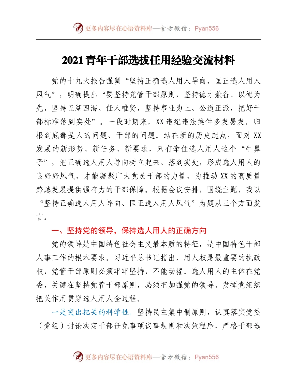 2021青年干部选拔任用经验交流材料.docx_第1页