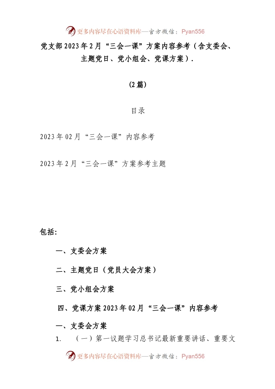 (2篇)党支部2023年2月“三会一课”方案内容参考（含支委会、主题党日、党小组会、党课方案）.docx_第1页