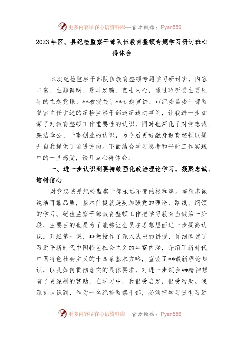 2023年区、县纪检监察干部队伍教育整顿专题学习研讨班心得体会.docx_第1页