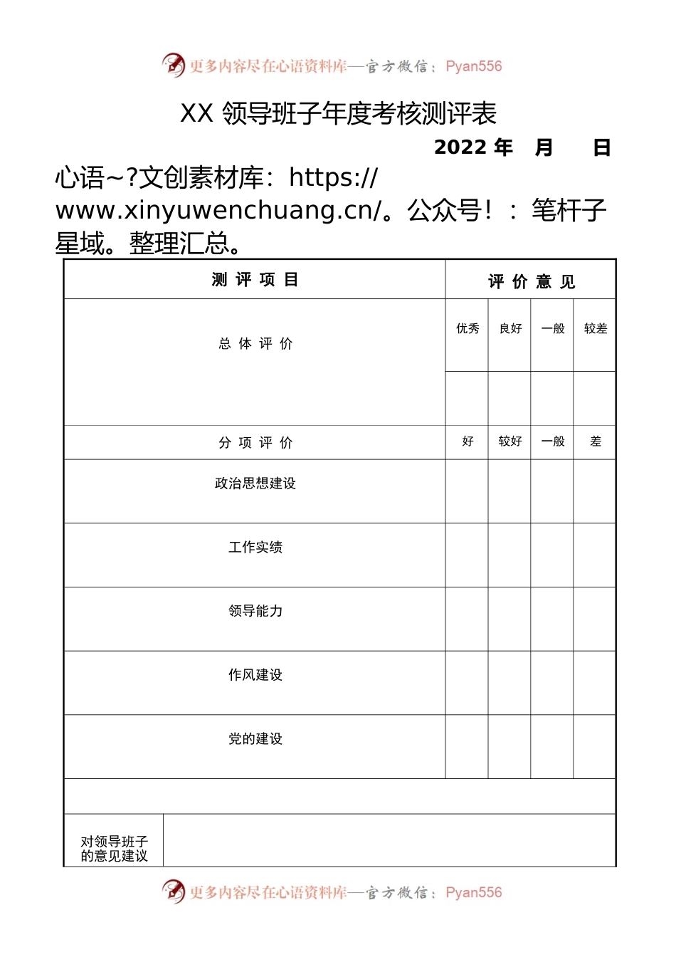 2022年度领导班子年度考核测评表.docx_第1页